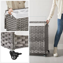 Load image into Gallery viewer, Handwoven Grey PP Rattan 3-Bag Laundry Basket Cart with Cotton Liner on Wheels