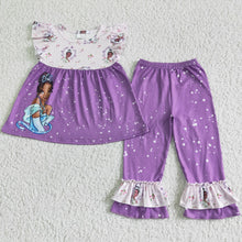 Load image into Gallery viewer, Cute princess flutter sleeve shirt purple ruffle pants girls boutique clothing set