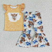 Load image into Gallery viewer, Highland cow shirt bell bottom pants girls western clothes