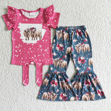 Load image into Gallery viewer, Hot pink highland cow bell bottom pants girls western set