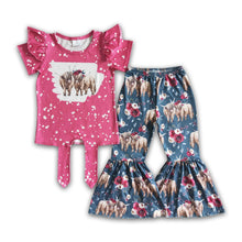 Load image into Gallery viewer, Hot pink highland cow bell bottom pants girls western set
