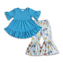 Load image into Gallery viewer, Blue tunic horse bell bottom pants girls clothing set