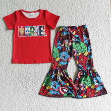 Load image into Gallery viewer, Green hero bell bottom pants red shirt girls clothes