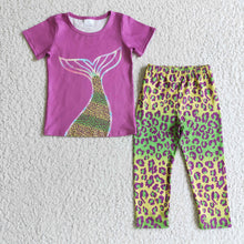 Load image into Gallery viewer, Purple leopard mermaid tail girls clothing set