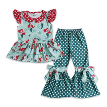 Load image into Gallery viewer, Princess ruffle top green polka dots pants kids girls clothing set