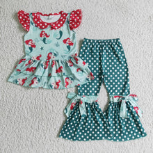 Load image into Gallery viewer, Princess ruffle top green polka dots pants kids girls clothing set