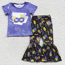 Load image into Gallery viewer, Bleached shirt bell bottom pants Mardi gras girls clothing set