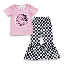 Load image into Gallery viewer, Pink be mine shirt black plaid bell bottom pants girl Valentine's clothes