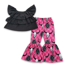 Load image into Gallery viewer, Black cotton top bull skull aztec pants kids girls western clothes