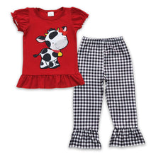 Load image into Gallery viewer, Cow embroidery cotton shirt plaid pants girls clothes