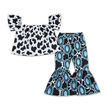 Load image into Gallery viewer, Cow top turquoise bell bottom pants girls western clothing set