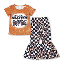 Load image into Gallery viewer, Western babe top plaid leopard pants girls clothing set