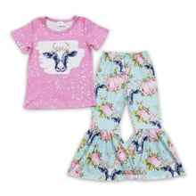 Load image into Gallery viewer, Pink floral cow shirt bell bottom pants girls clothes