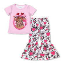 Load image into Gallery viewer, Heart highland cow top pants girls valentine's clothes