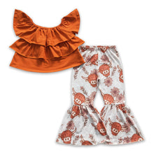 Load image into Gallery viewer, Ruffle top highland cow bell bottom pants girls clothes