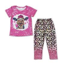 Load image into Gallery viewer, Heart cow flower shirt pink leopard leggings girls valentine's outfits