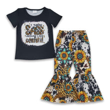 Load image into Gallery viewer, I throw sass around like confetti sunflower cow print girls clothes