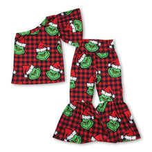 Load image into Gallery viewer, Green face plaid one shoulder girls Christmas clothes