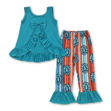 Load image into Gallery viewer, Backless bow ruffle top turquoise pants western girls clothes