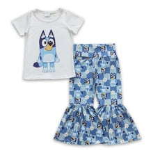Load image into Gallery viewer, Short sleeves blue dog floral plaid girls outfits