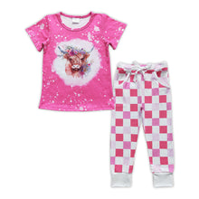 Load image into Gallery viewer, Highland cow bleached top plaid pants girls clothing set