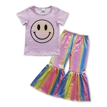 Load image into Gallery viewer, Smile short sleeves top colorful shinny pants girls clothes