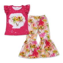 Load image into Gallery viewer, Pink sunflower bull skull girls clothing set
