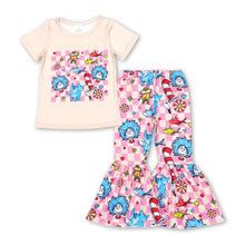 Load image into Gallery viewer, Short sleeves pink plaid cat top pants girls clothing set