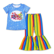 Load image into Gallery viewer, Blue bleached cat top colorful stripe pants girls clothes