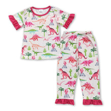 Load image into Gallery viewer, Hot pink short sleeves dinosaur cactus girls pajamas