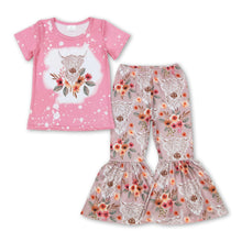 Load image into Gallery viewer, Pink floral highland cow top bell bottom pants girls outfits