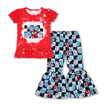 Load image into Gallery viewer, Red bleached top plaid cat pants girls clothing set