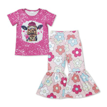 Load image into Gallery viewer, Heart cow bleached top flower pants girls valentines set