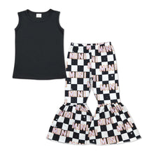 Load image into Gallery viewer, Black cotton top mini plaid bell bottom pants girls clothes