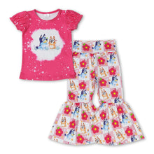 Load image into Gallery viewer, Hot pink dog flower top pants girls clothing set