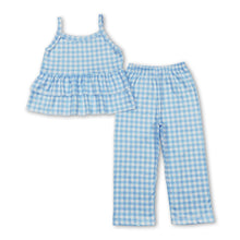 Load image into Gallery viewer, Sleeveless aqua plaid ruffle top pants girls outfits