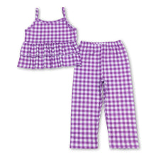 Load image into Gallery viewer, Sleeveless purple plaid ruffle top pants girls outfits
