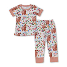 Load image into Gallery viewer, Khaki highland cow floral kids girls pajamas