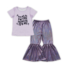 Load image into Gallery viewer, Short sleeves problem top purple shinny pants singer girls set