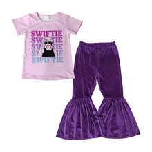 Load image into Gallery viewer, Pink short sleeves top purple velvet pants singer girls set