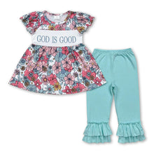Load image into Gallery viewer, God is good floral tunic ruffle pants girls clothing