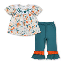 Load image into Gallery viewer, Jesus love me floral tunic ruffle pants girls clothing