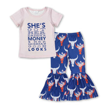 Load image into Gallery viewer, Short sleeves pink top bull skull tassels pants girls clothes