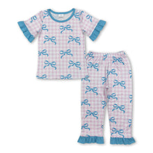 Load image into Gallery viewer, Short sleeves pink plaid bow baby girls pajamas