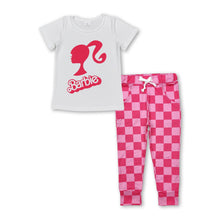 Load image into Gallery viewer, White top hot pink plaid pants party girls clothing set