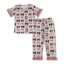 Load image into Gallery viewer, Pink ruffle cow print bow top pants western girls pajamas