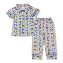 Load image into Gallery viewer, Short sleeves blue bow floral kids girls button down pajamas