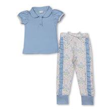 Load image into Gallery viewer, Short sleeves polo top ruffle bow floral pants girls clothes