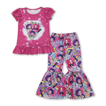 Load image into Gallery viewer, Short sleeves hot pink ruffle bleached top music pants girls outfits