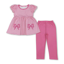 Load image into Gallery viewer, Short sleeves pink stripe bow tunic leggings girls outfits